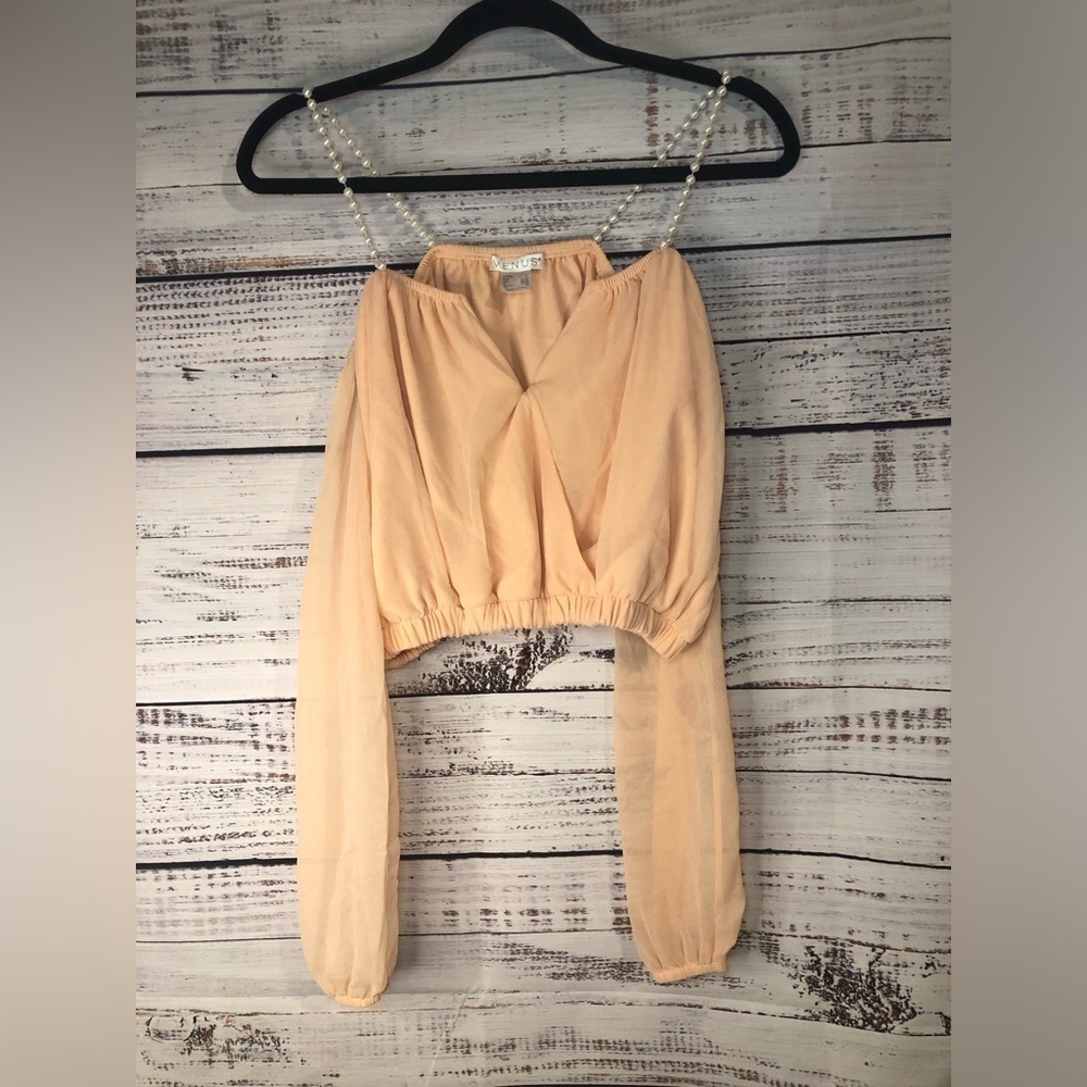 Peach Chiffon Women's Top with Pearl Straps XS🍑